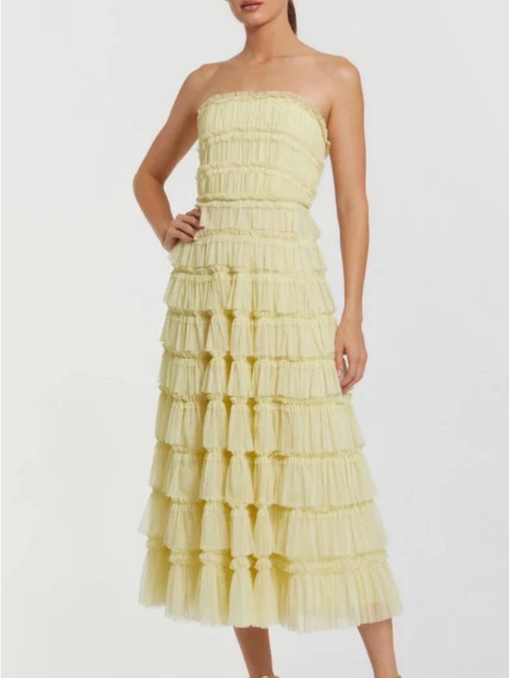 Mac Duggal Strapless Tiered Ruffle Midi Dress in Pale Yellow
